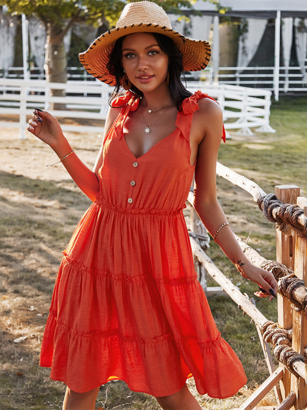 V-Neck Solid Color A-Line Skirt Vacation Dress