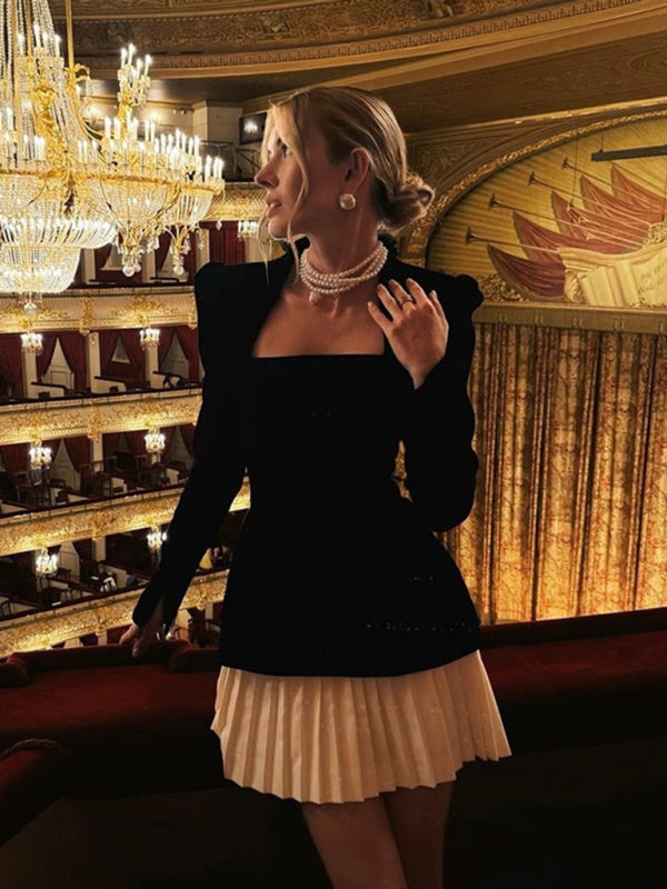 Fashionable And Personalized Long-Sleeved Color-Blocked Pleated Hem Mini Skirt Dress