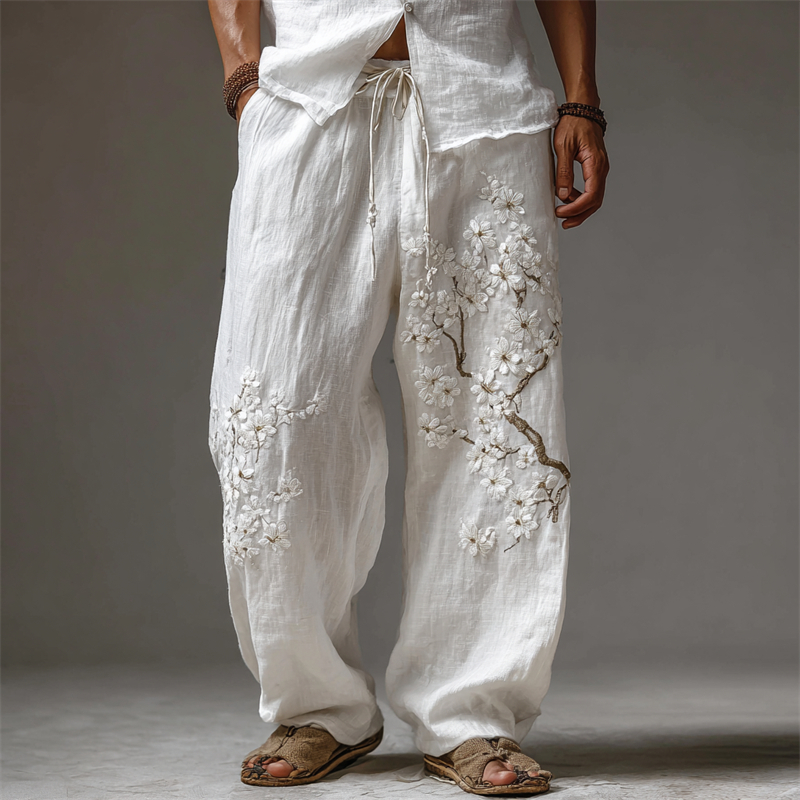 Men's Japanese Almond Blossom Flowy Linen Wide Leg Pants