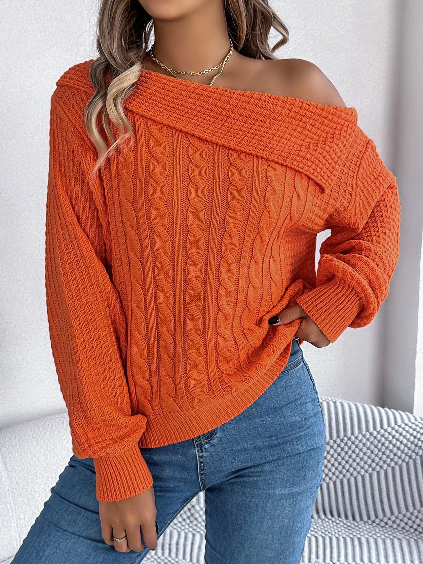 Off-Shoulder Cable Knit Sweater