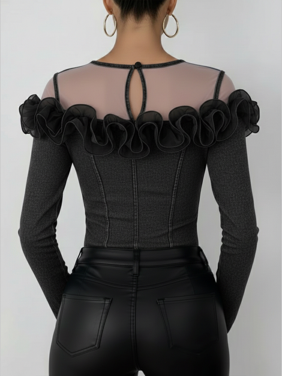 Fashionable Patchwork Mesh Organza Ruffled Denim Top