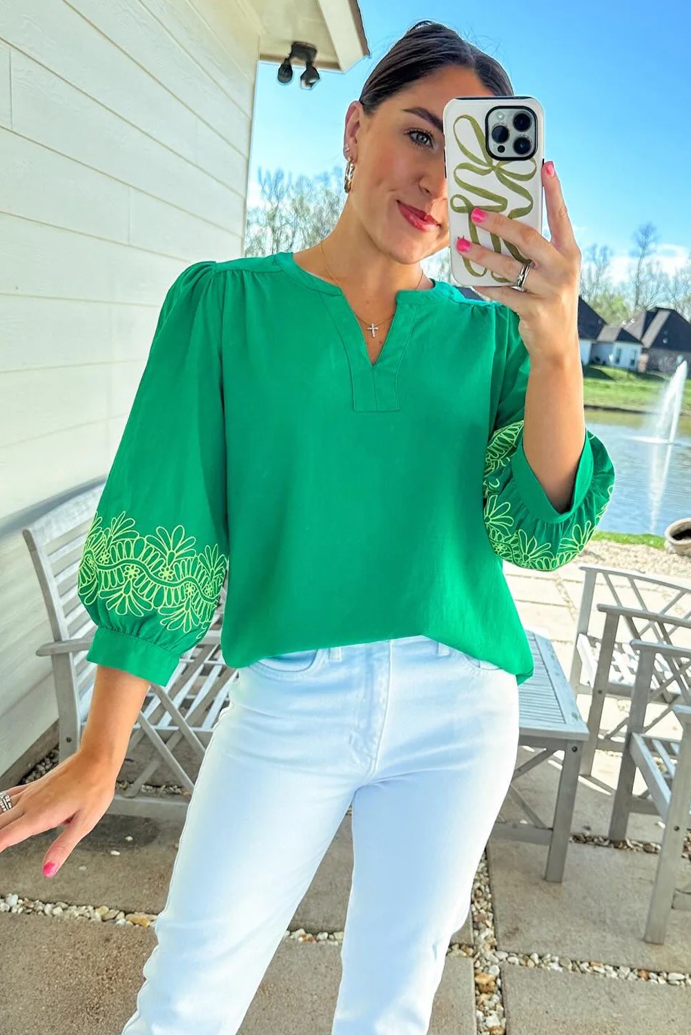 Contrast Floral Embroidered 3/4 Sleeve Notched V Neck Elegant Blouse