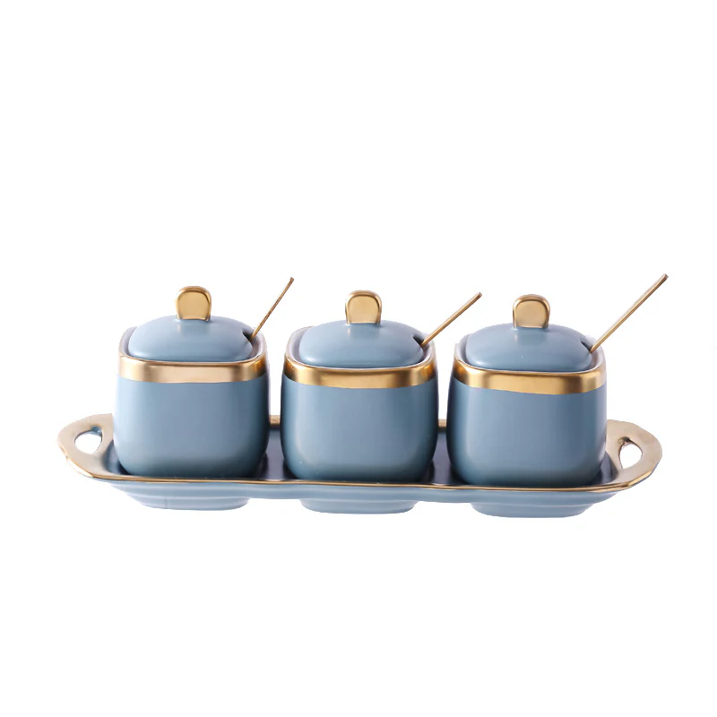 3PC Nordic Color-Glazed Ceramic-Gold Trim Serving Jars
