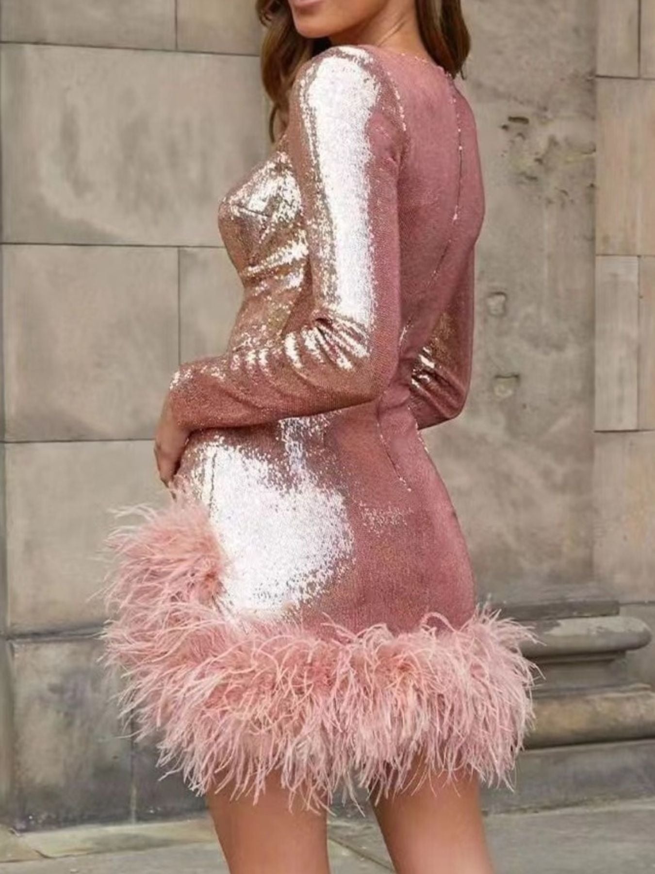 Sequin Feather Trim Mini Dress