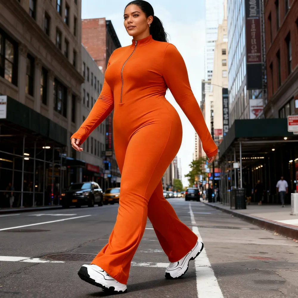 Women's Long Sleeve Flared Sports Jumpsuit - Zipper Jumpsuit