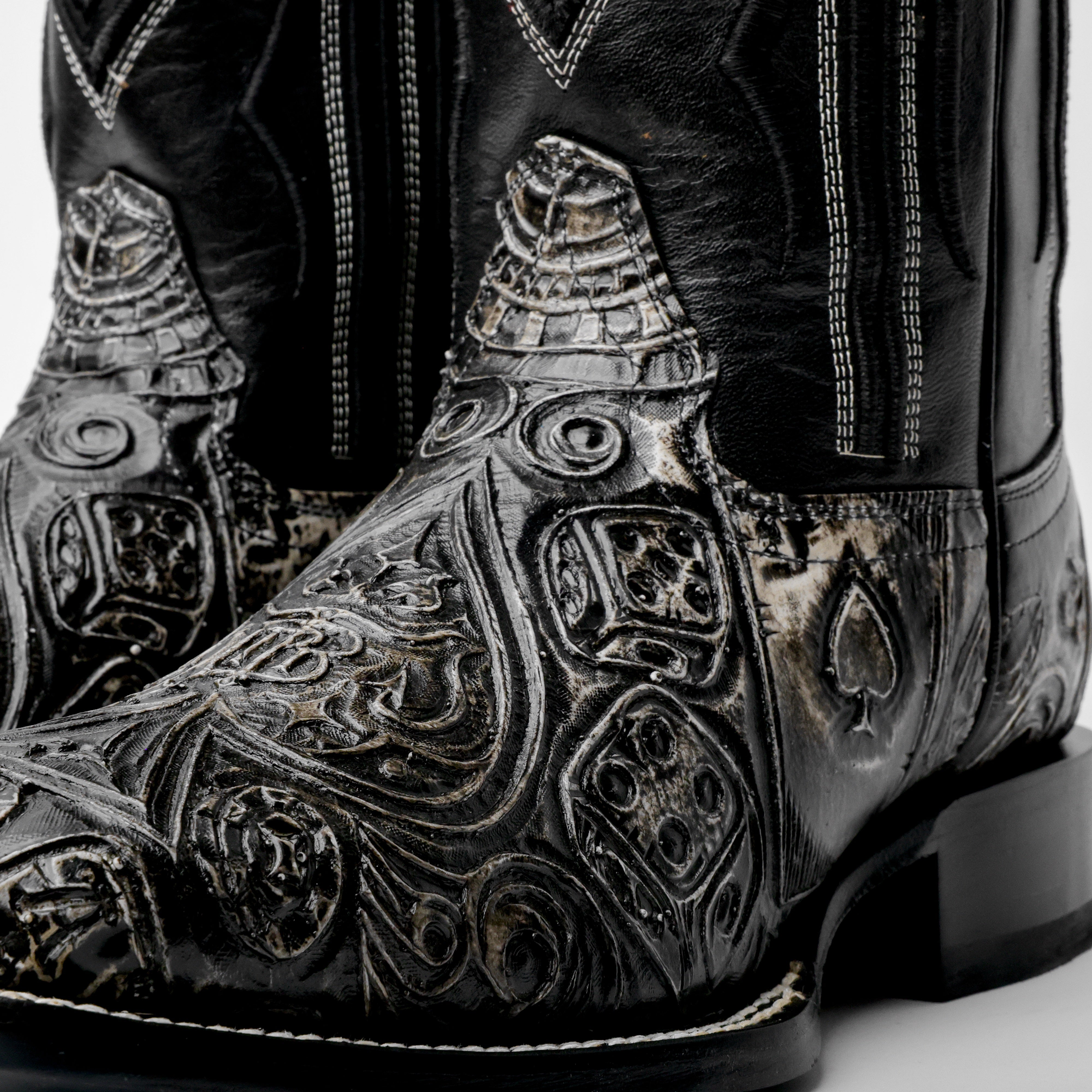 “Ace Of Spades” Grey/Black Leather Boots - Square Toe