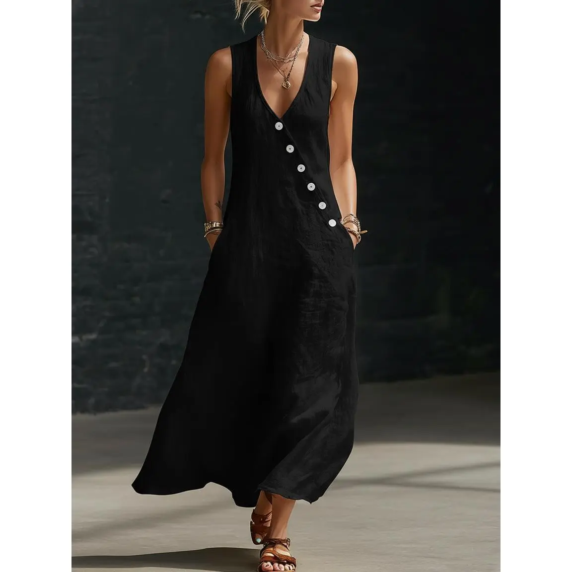 Boho Linen Maxi Dress - Perfect for Beach, Vacation & Brunch! Sleeveless V-Neck Button Detail Casual Dress with Pockets # SleevelessDress