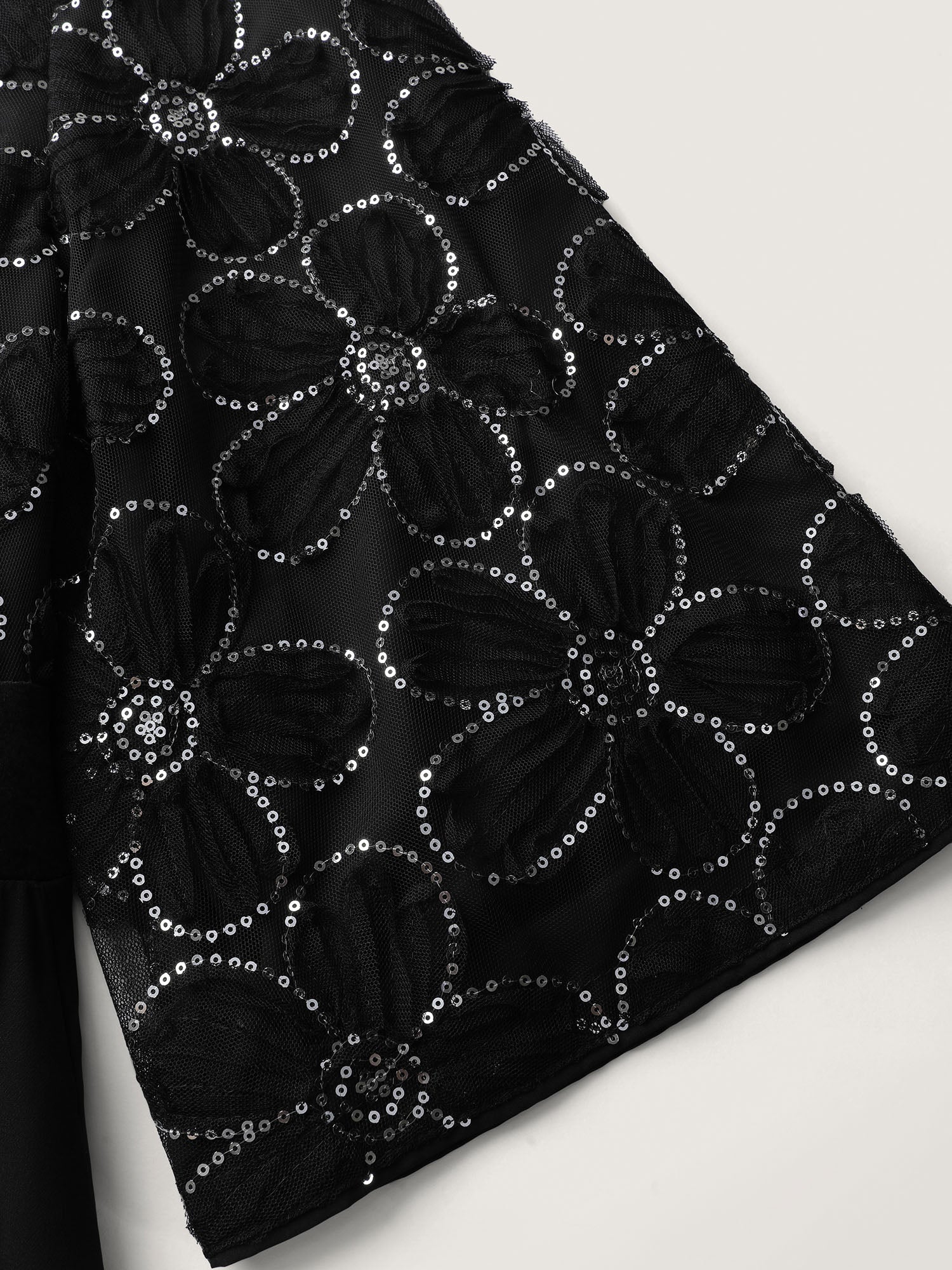 Sequin Floral Tulle Shirred Waist Midi Dress