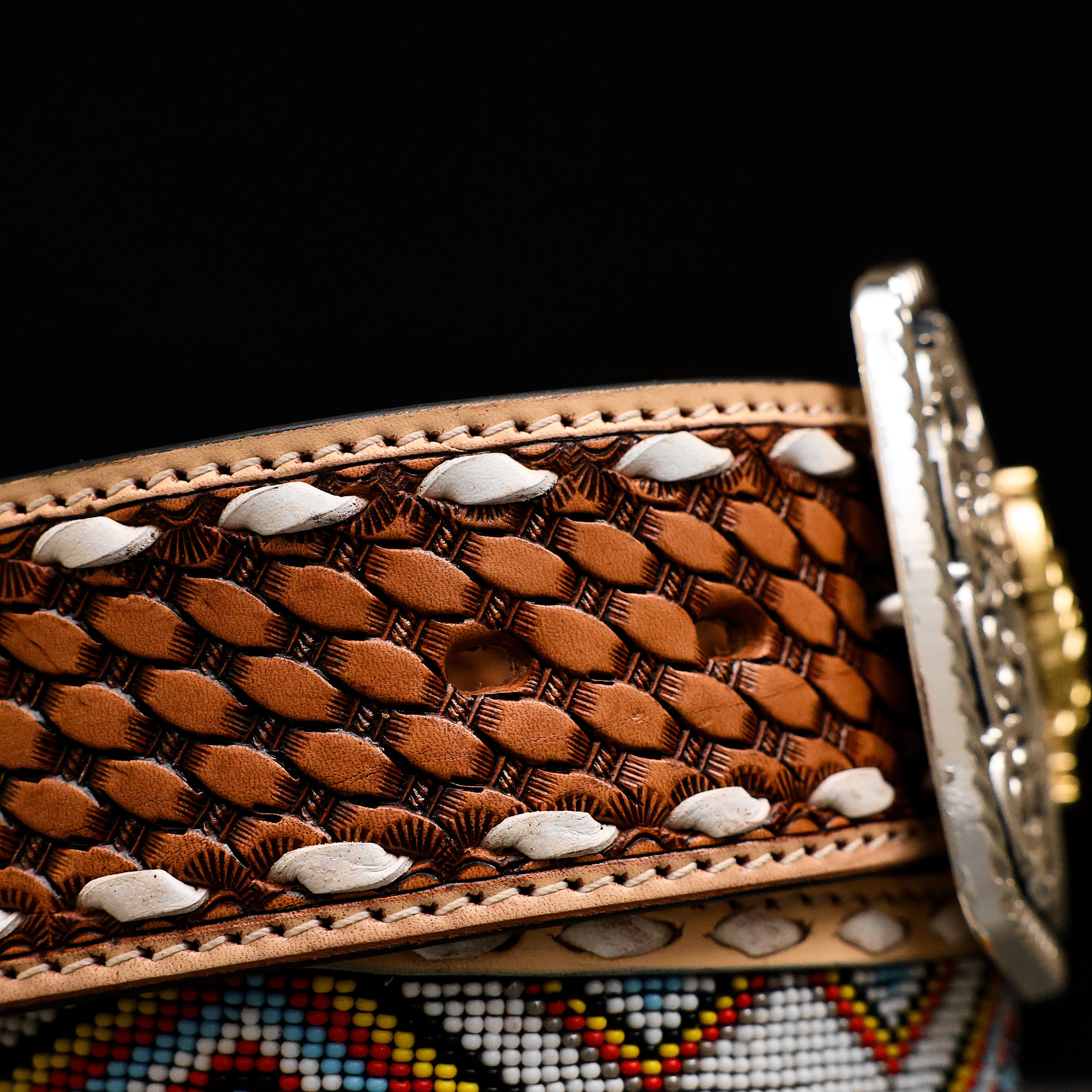 2 Inch Hand-Tooled Artesanal Beaded Leather Belt