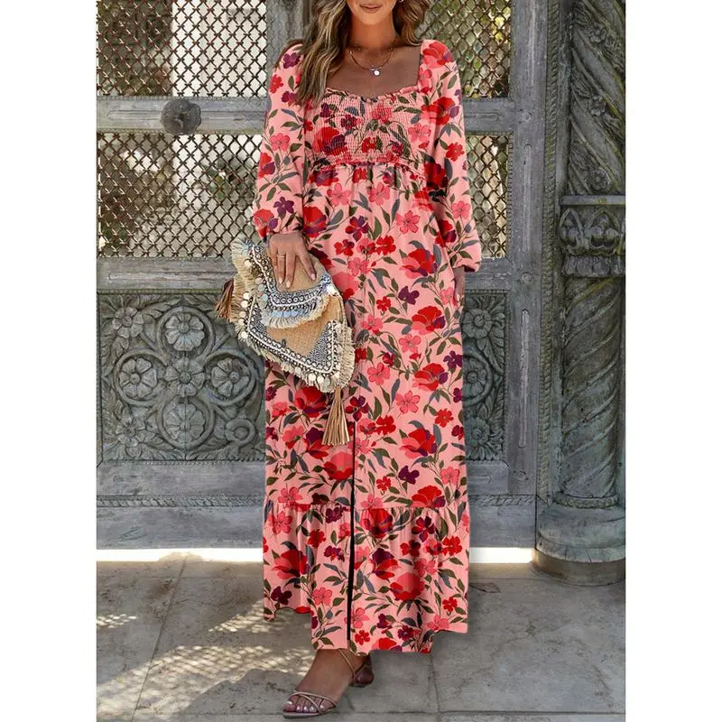 Boho Floral Smocked Square Neck Long Sleeve Maxi Dress