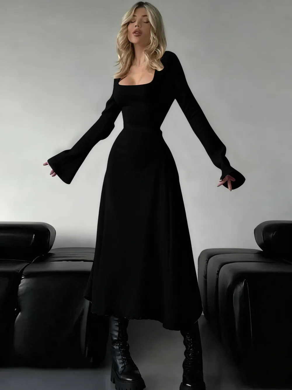 Women's Plain Lace Up Tie Back Flounce Sleeve Dress