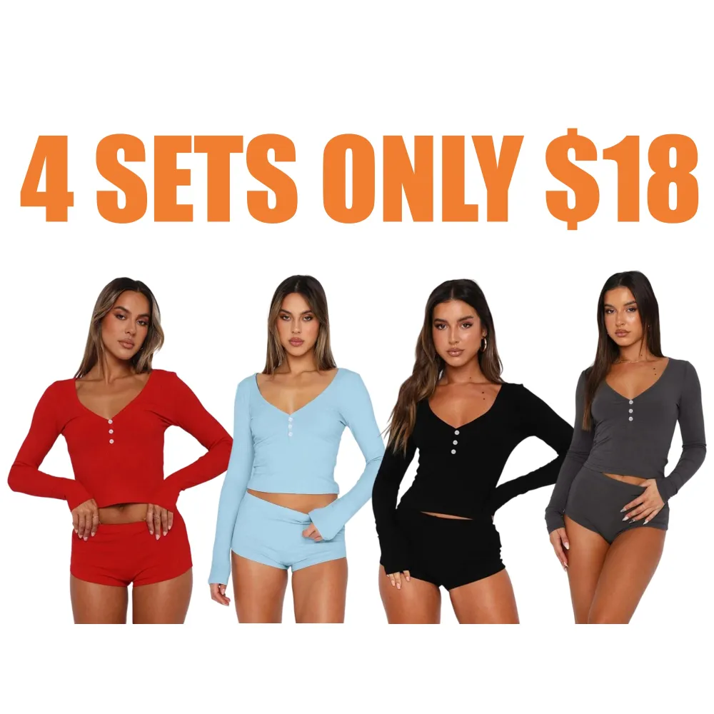 Women's Solid Long Sleeve Crop Top & High Waist Shorts Set