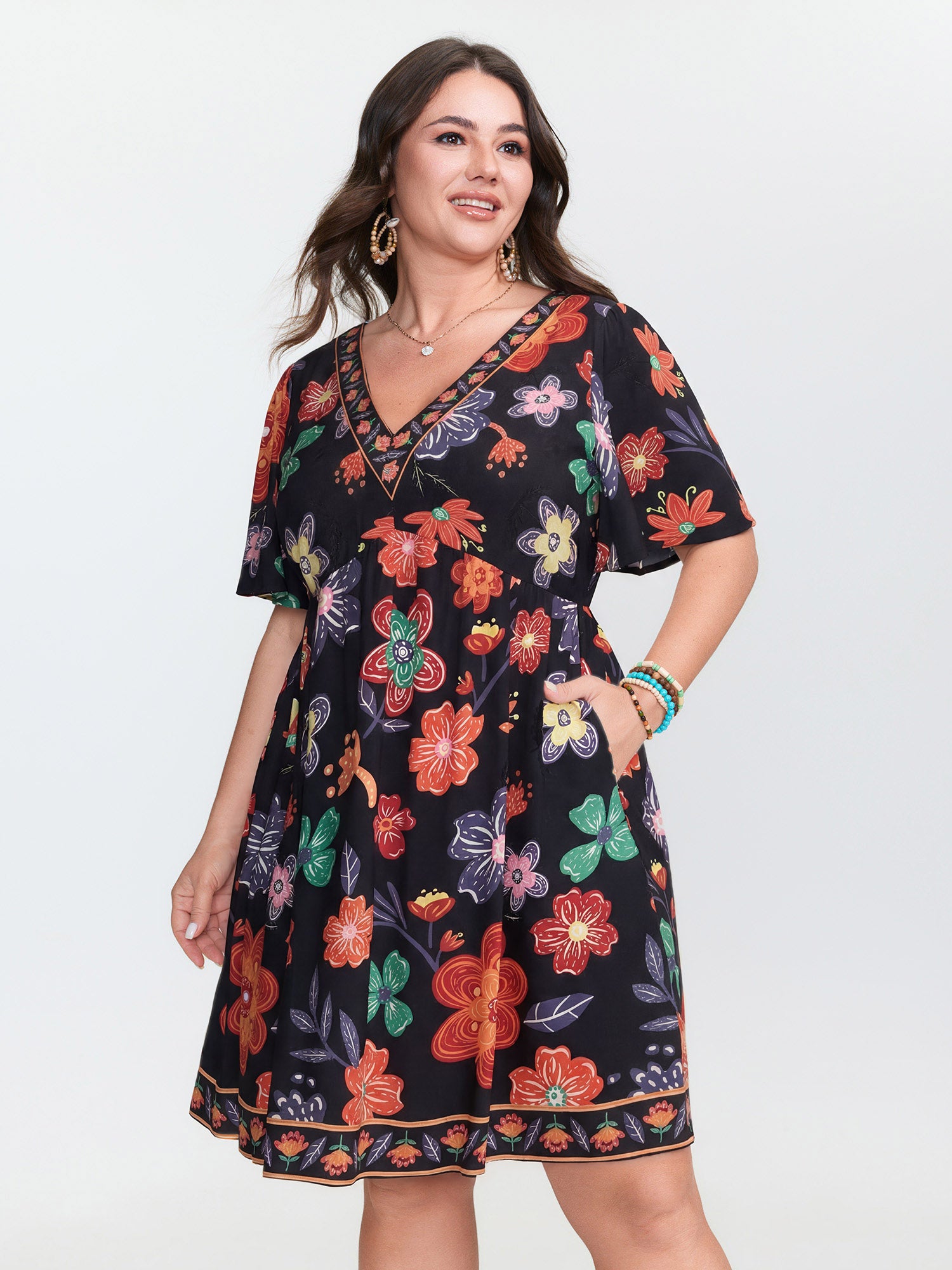 Colorful Floral Print V-Neck Mini Dress