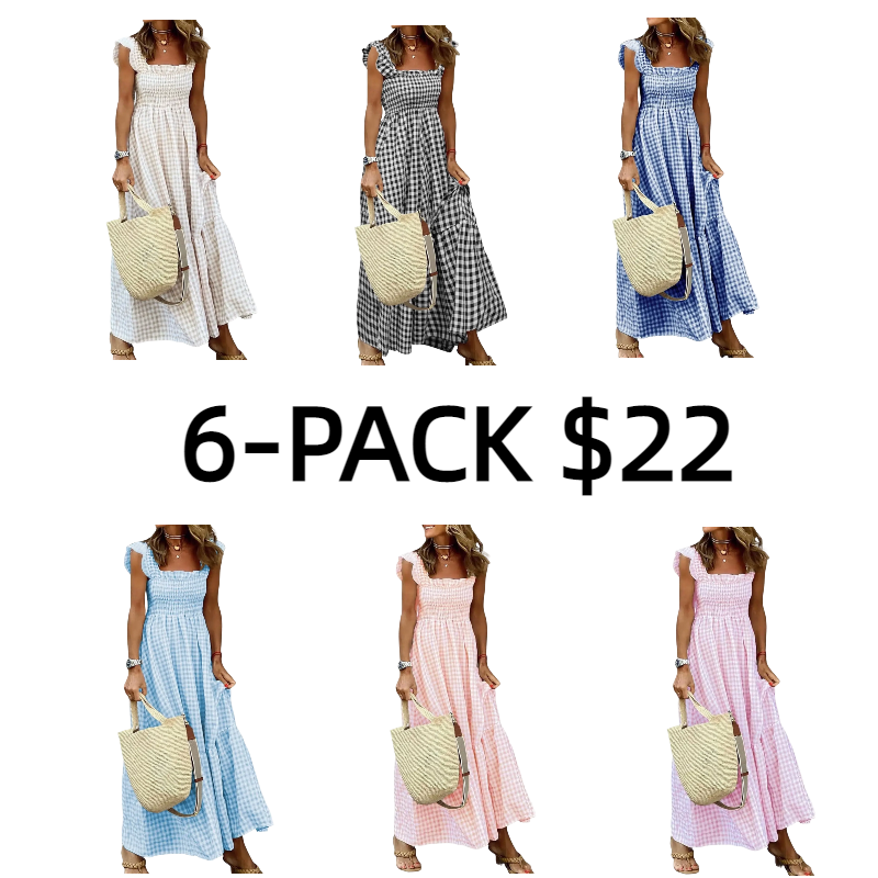 Women's Retro Plaid Smocked Dress Spaghetti Strap Flounce Long Casual Sleeveless Flowy Evening Fashion Basic with Pockets