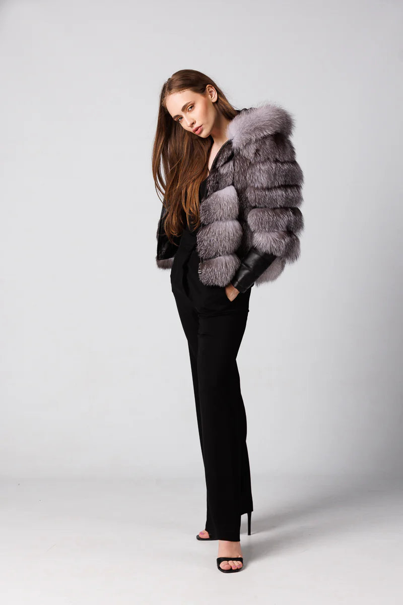 Haină din Blană Naturală de Vulpe, cu Glugă, Femei, Silver Blue 254