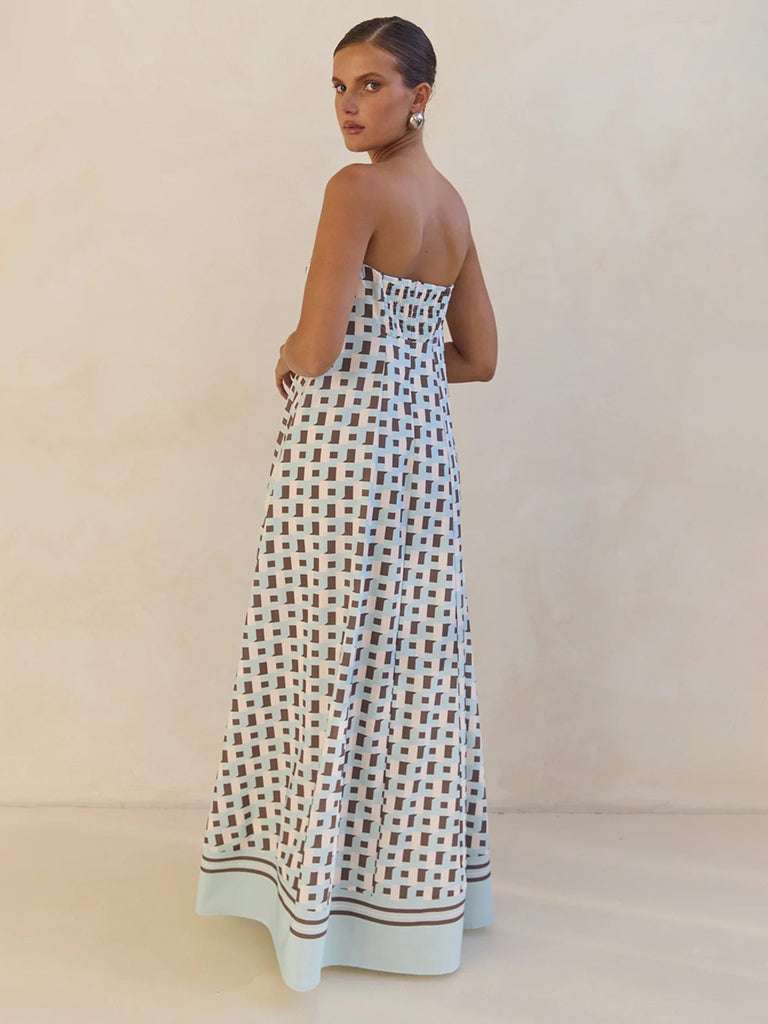 Strapless Off-shoulder Brown Checkered Print Floor Length Dress