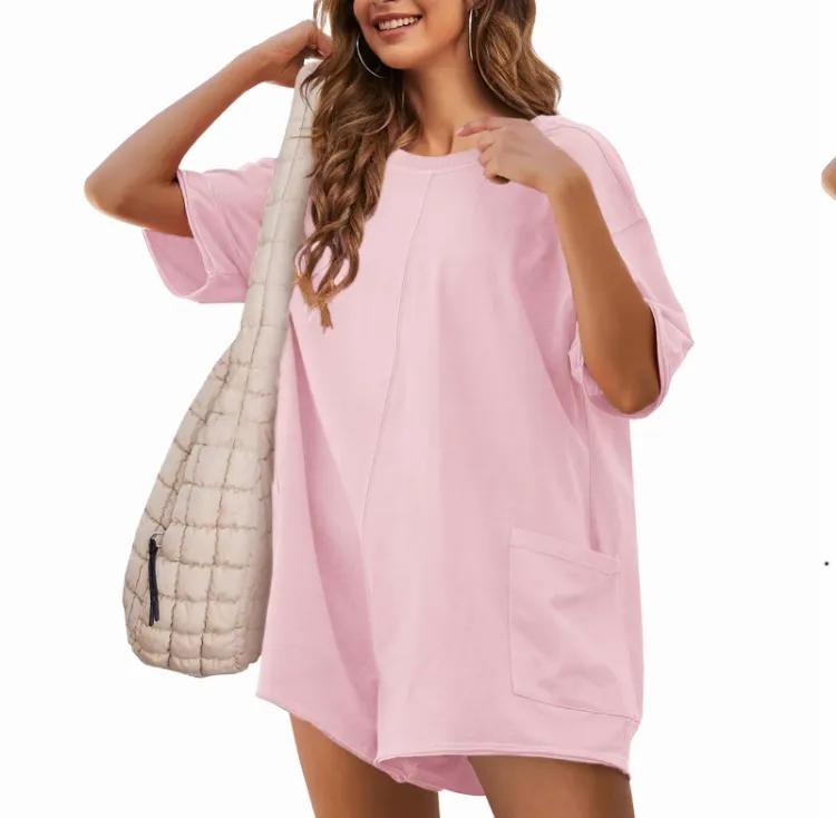 Women's Oversized Athletic Jumpsuit - Casual Workout Romper Tee
