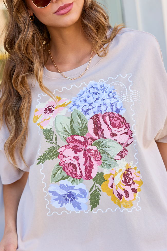 Floral Stamp Taupe Oversized Graphic Tee