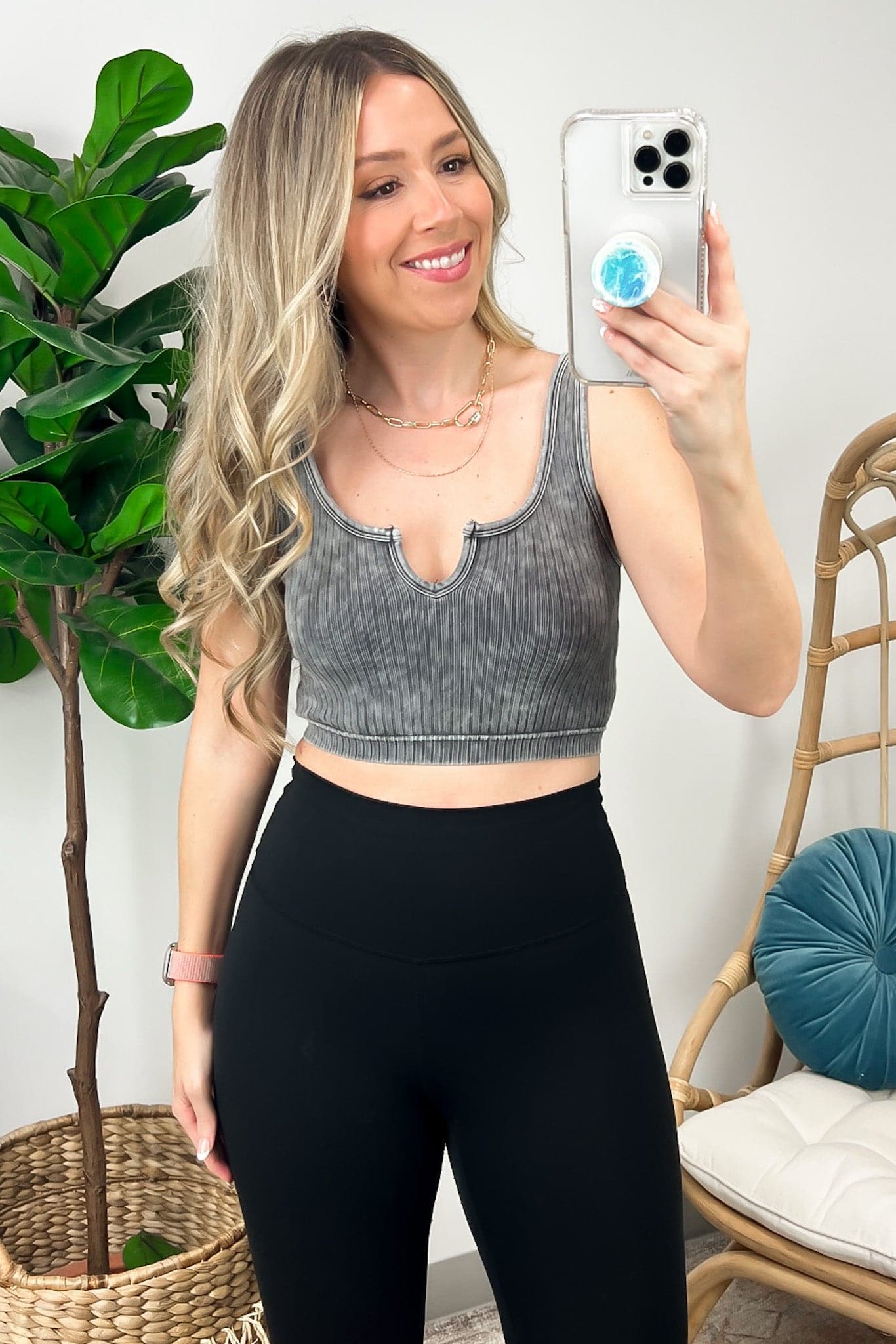 Mineral Wash Ribbed Split Neck Crop Tank