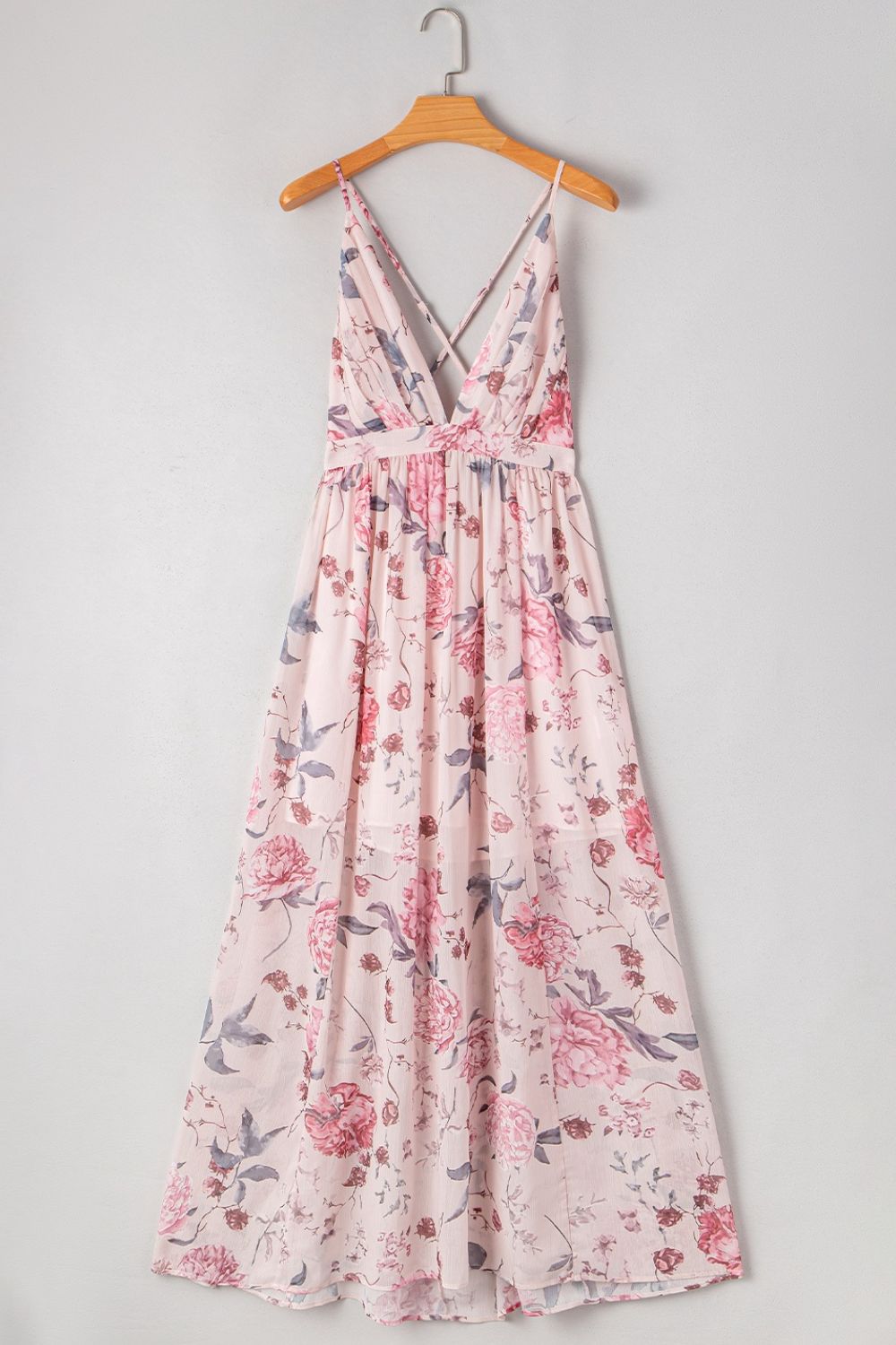 Floral Pleated Deep V Backless Maxi Dress