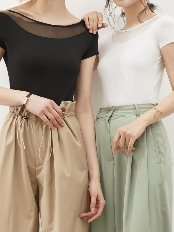 Gauze See-Through Split-Joint Short Sleeves Skinny Boat Neck T-Shirts