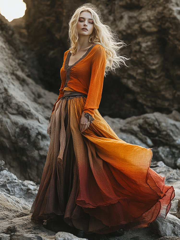 Women's Gradient Long Sleeve Casual Maxi Dress b04b