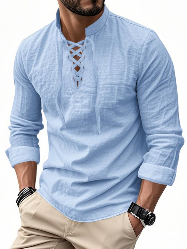 Men’s Lightweight Linen Long Sleeve Shirt with Drawstring Stand Collar