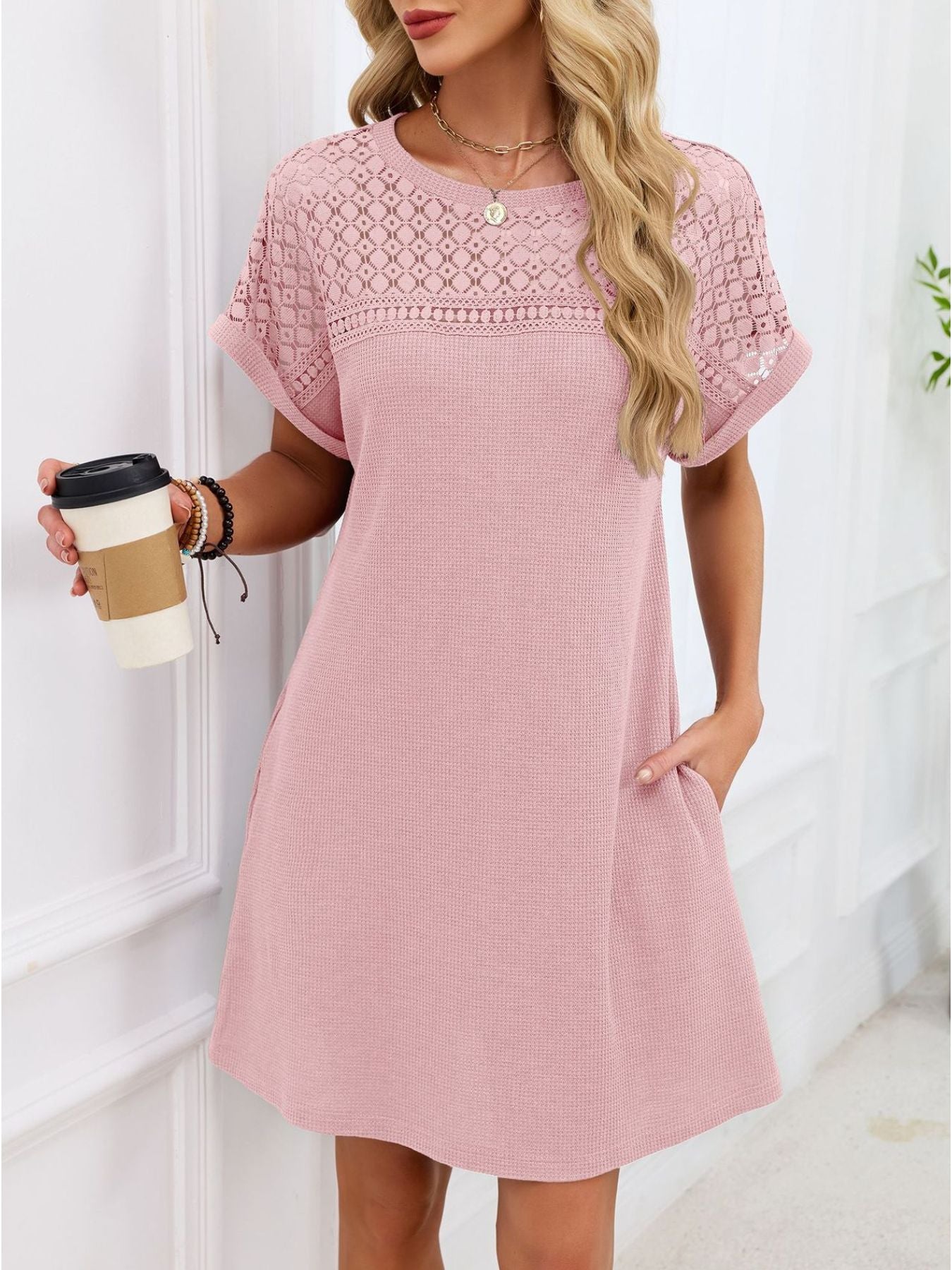 Lace Round Neck Short Sleeve T-Shirt Dress