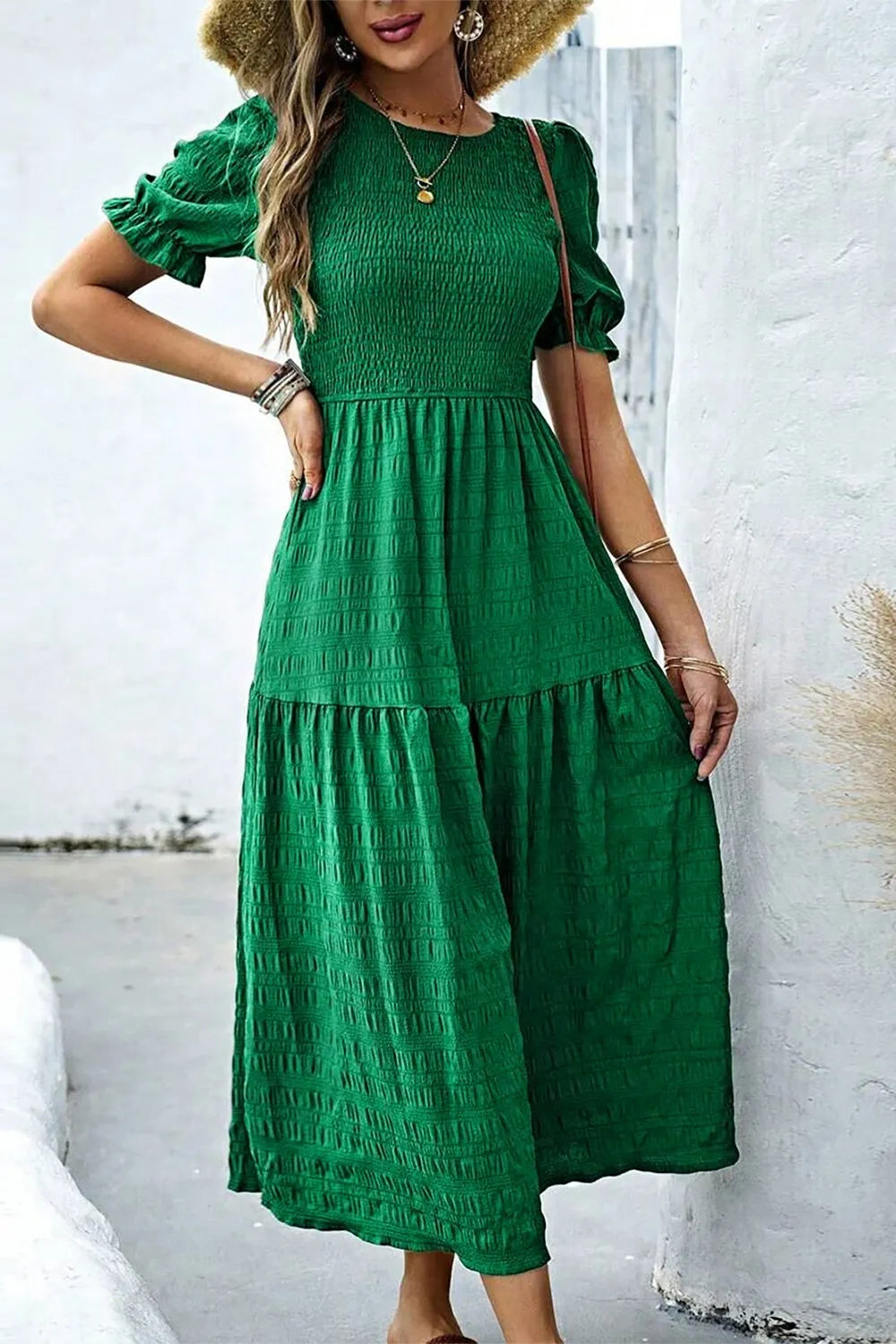 Smocked Puff Sleeve Midi Dress