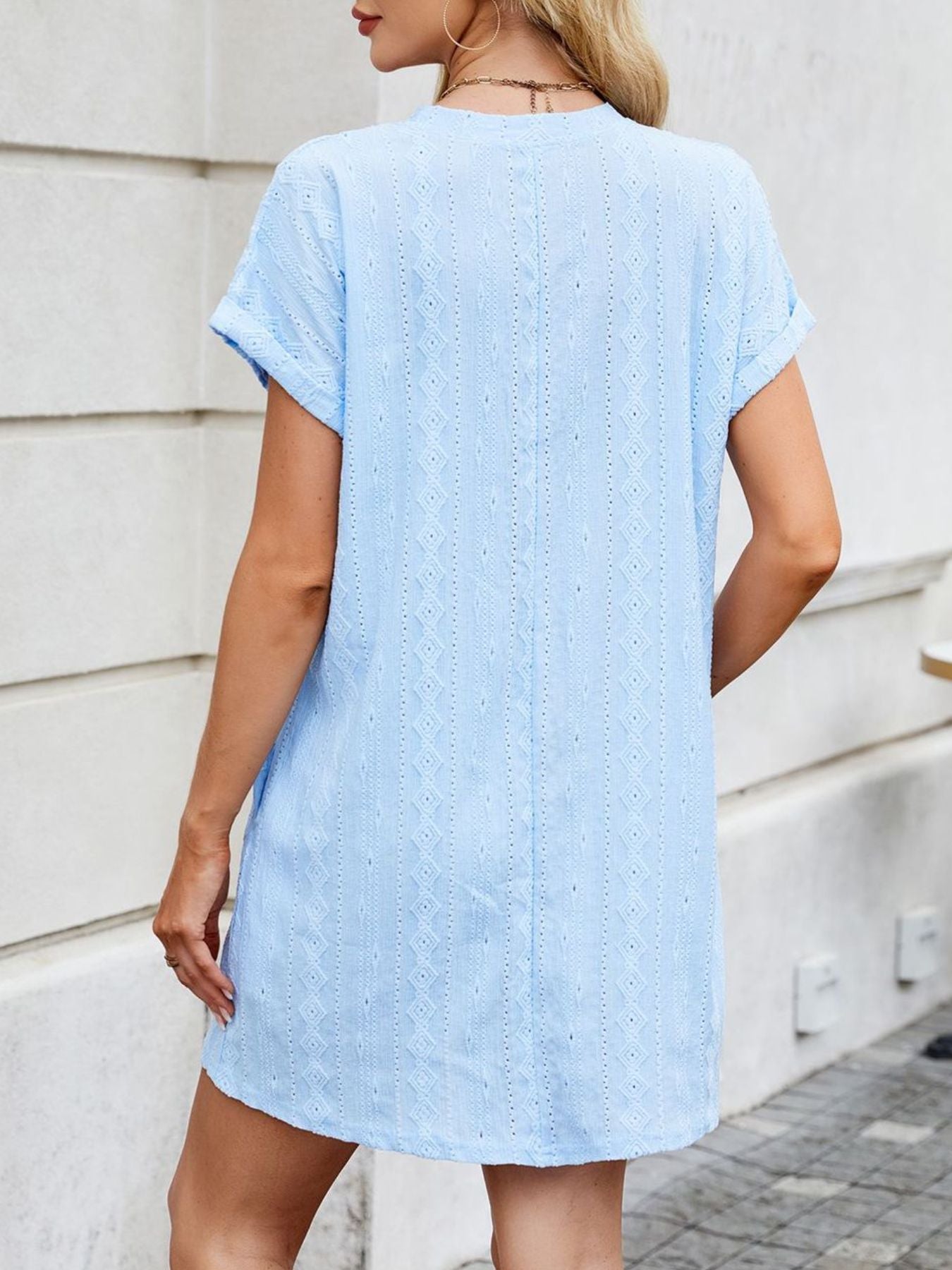 Eyelet Round Neck Casual Mini Dress