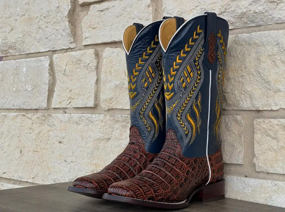 Men’s Cognac Crocodile Hornback Leather Boots With Blue Shaft