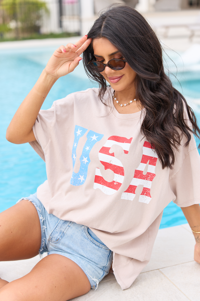 USA Taupe Oversized Graphic Tee