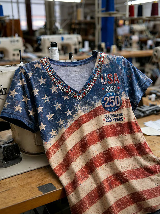 Women'S V-Neck American 250 Celebration Printed T-Shirt