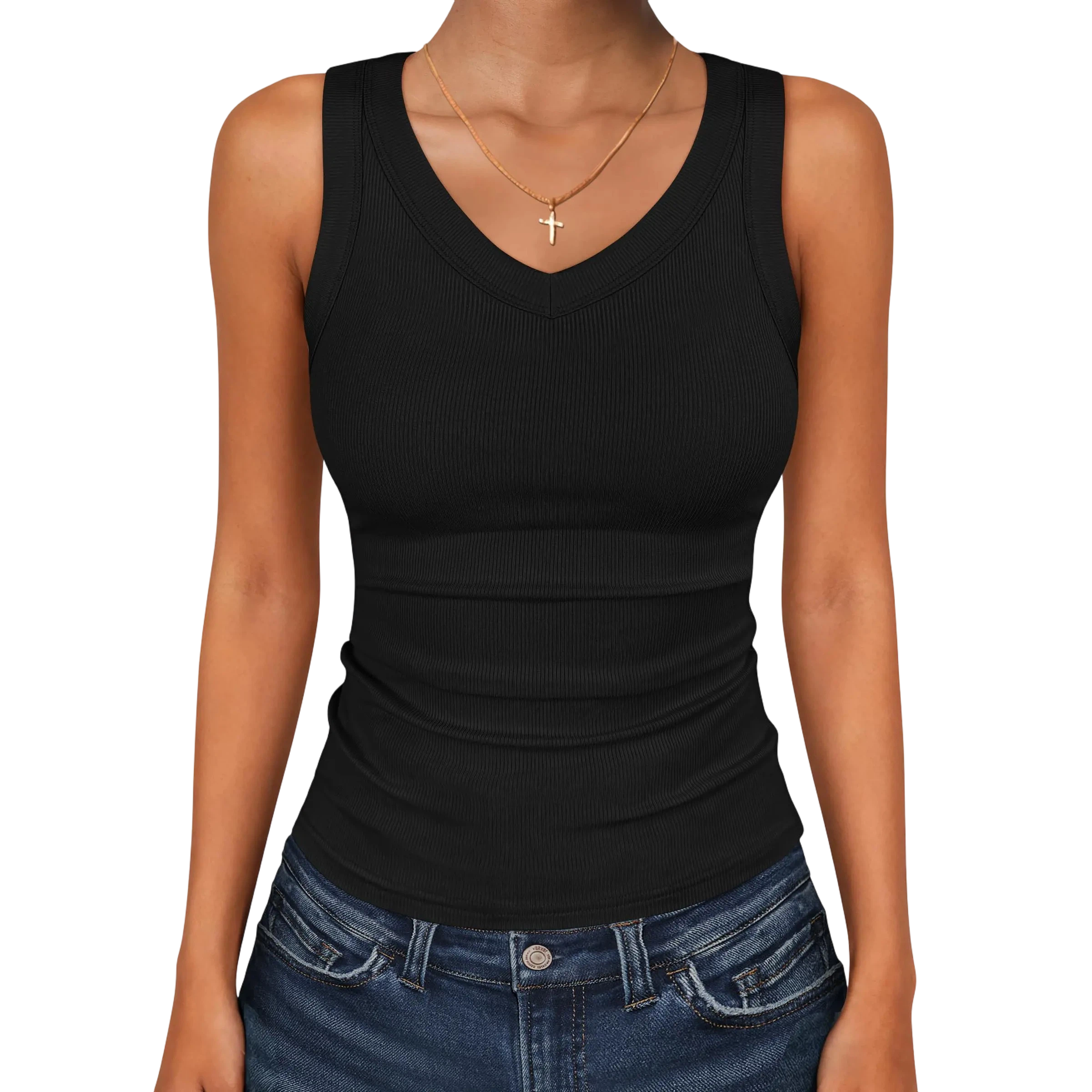 Women's V-Neck Ribbed Slim Fit Tank Top – Everyday Essential Sleeveless Tee