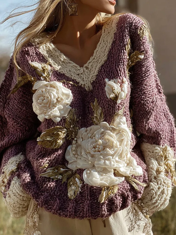 Women's Vintage White Rose Pattern Warm Knitted V-neck Sweater