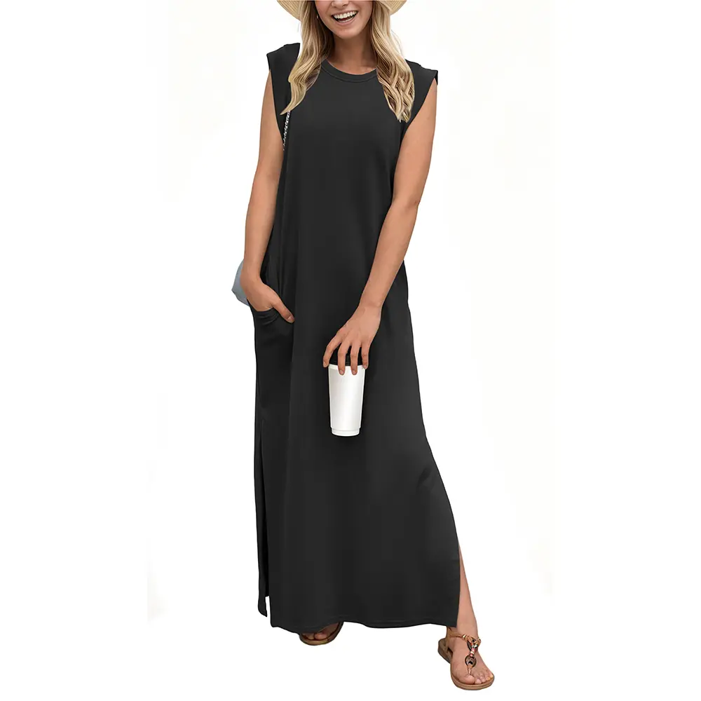 2026 Women Summer Round Neck Casual Loose Split Wrinkle-Free Long Maxi Vacation Dress with Pockets