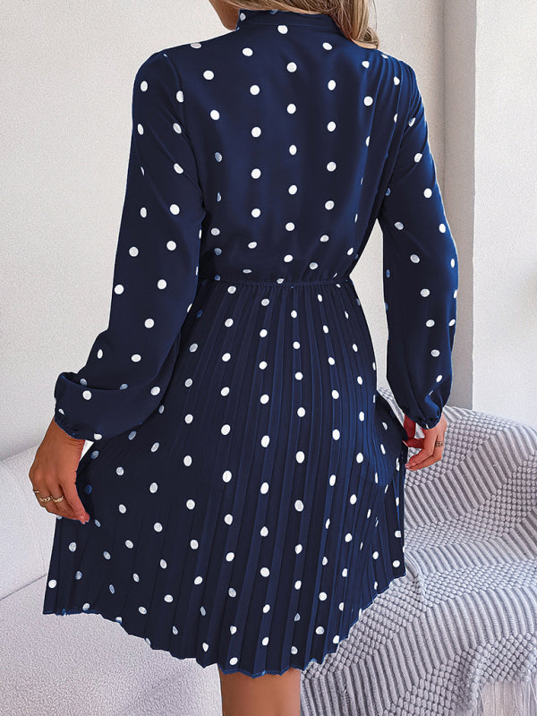 Elegant Polka-Dot Lace-Up Waist Long-Sleeved Pleated Skirt