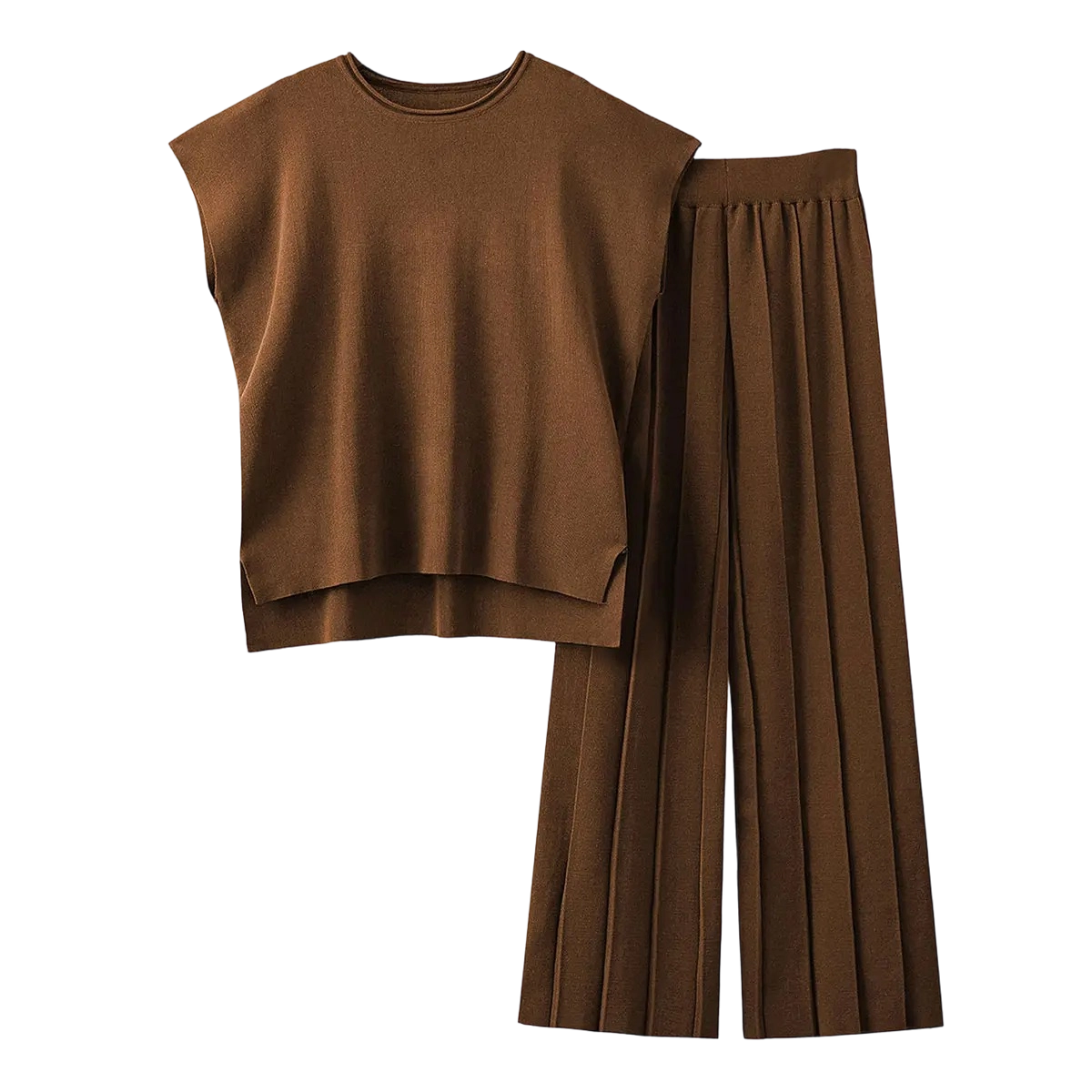 ✨ Women’s Knit Two-Piece Lounge Set – Cap Sleeve Top & Wide Leg Pants