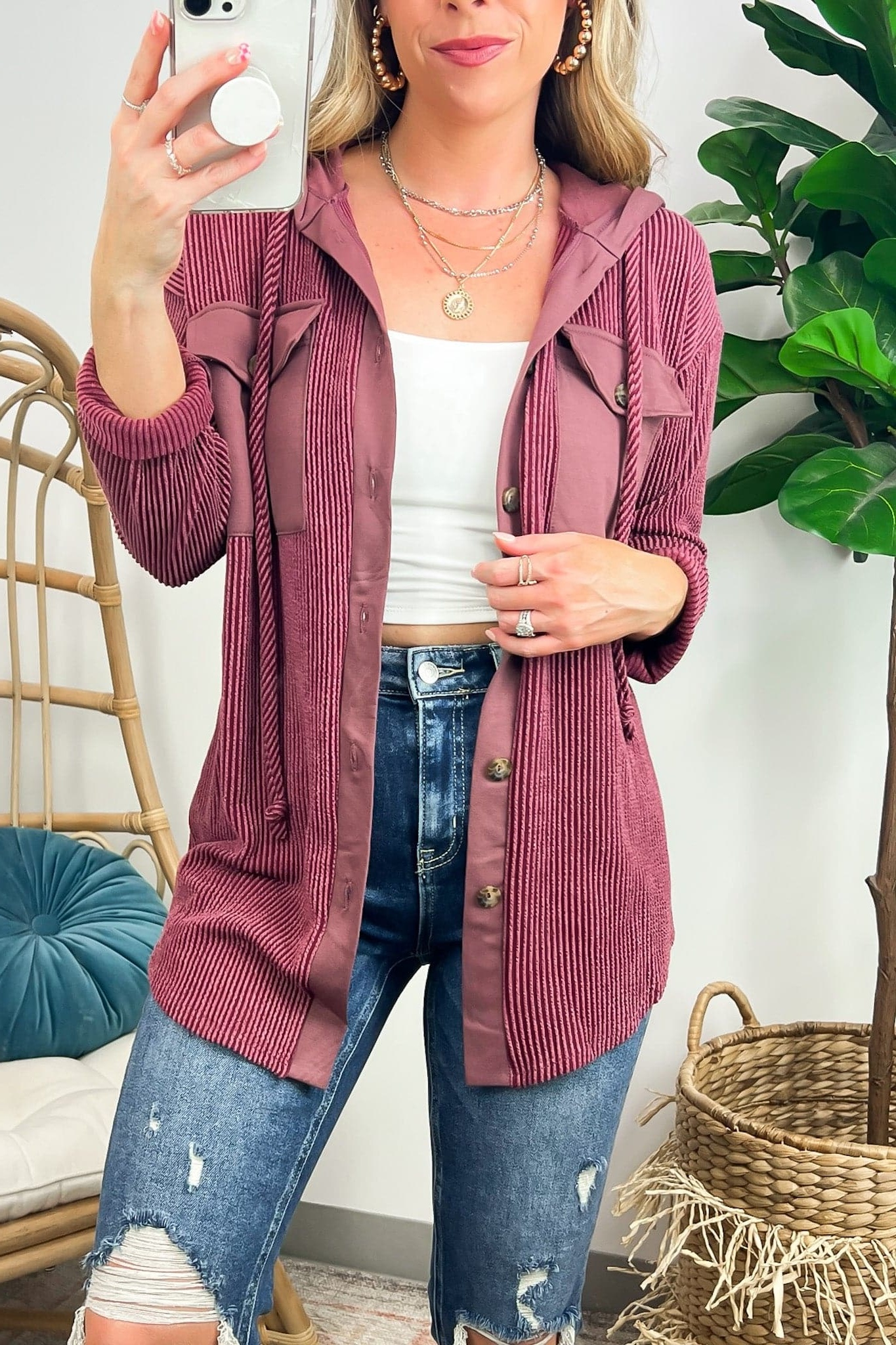 Saturday Satisfaction Ribbed Hooded Shacket