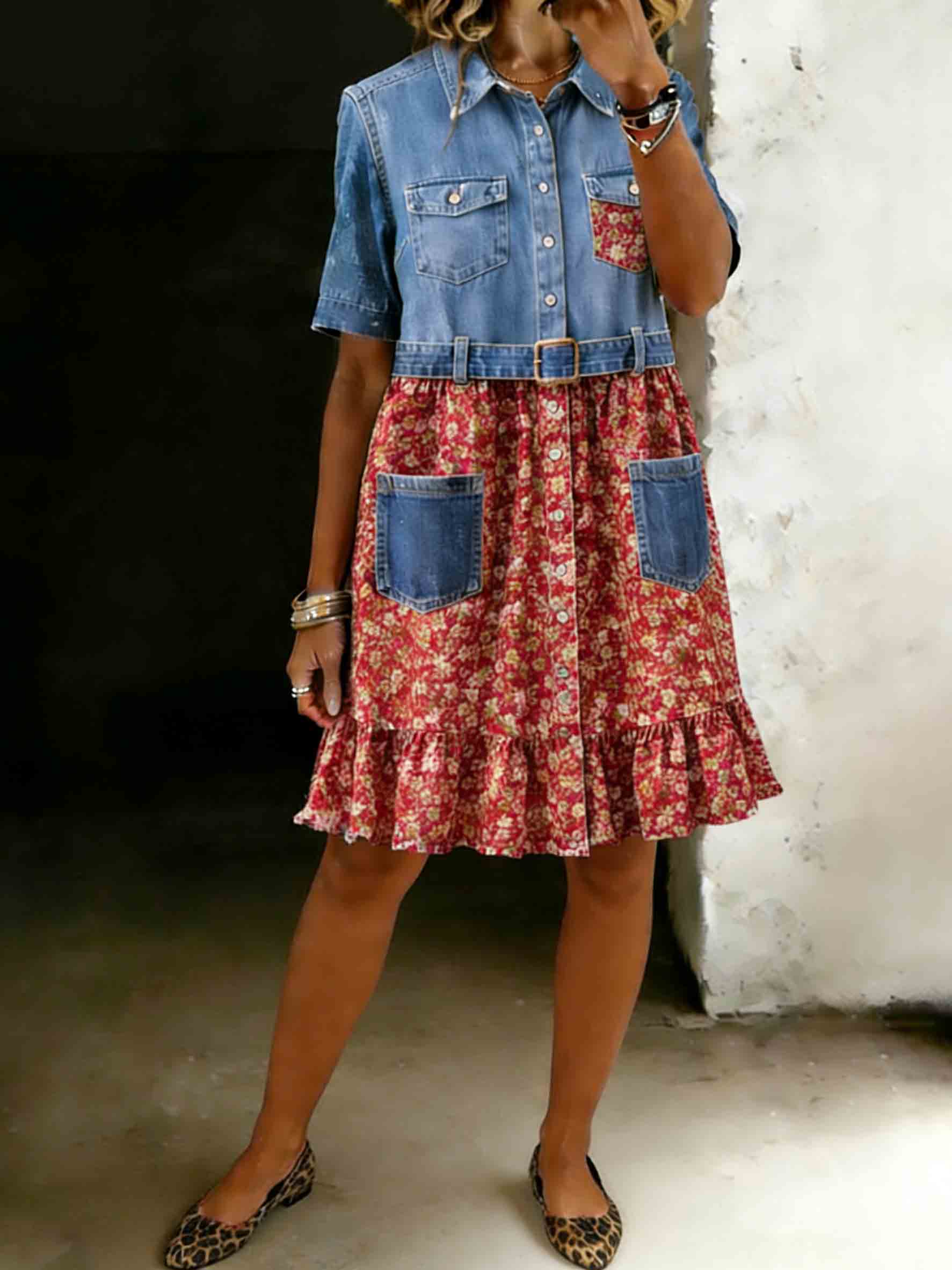 Women's Denim Print Floral Dress Button Closure Pockets