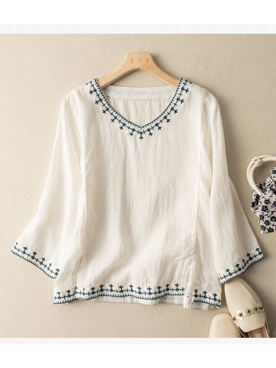 Women's Casual Cotton and Linen Embroidered Shirt