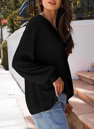 Casual Blouses V Neck Waffle Knit Tops