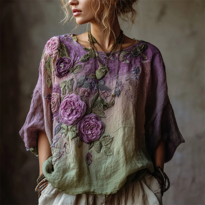 Bohemian Dragonfly Vine Pattern Vintage V-neck Short-sleeved T-shirt