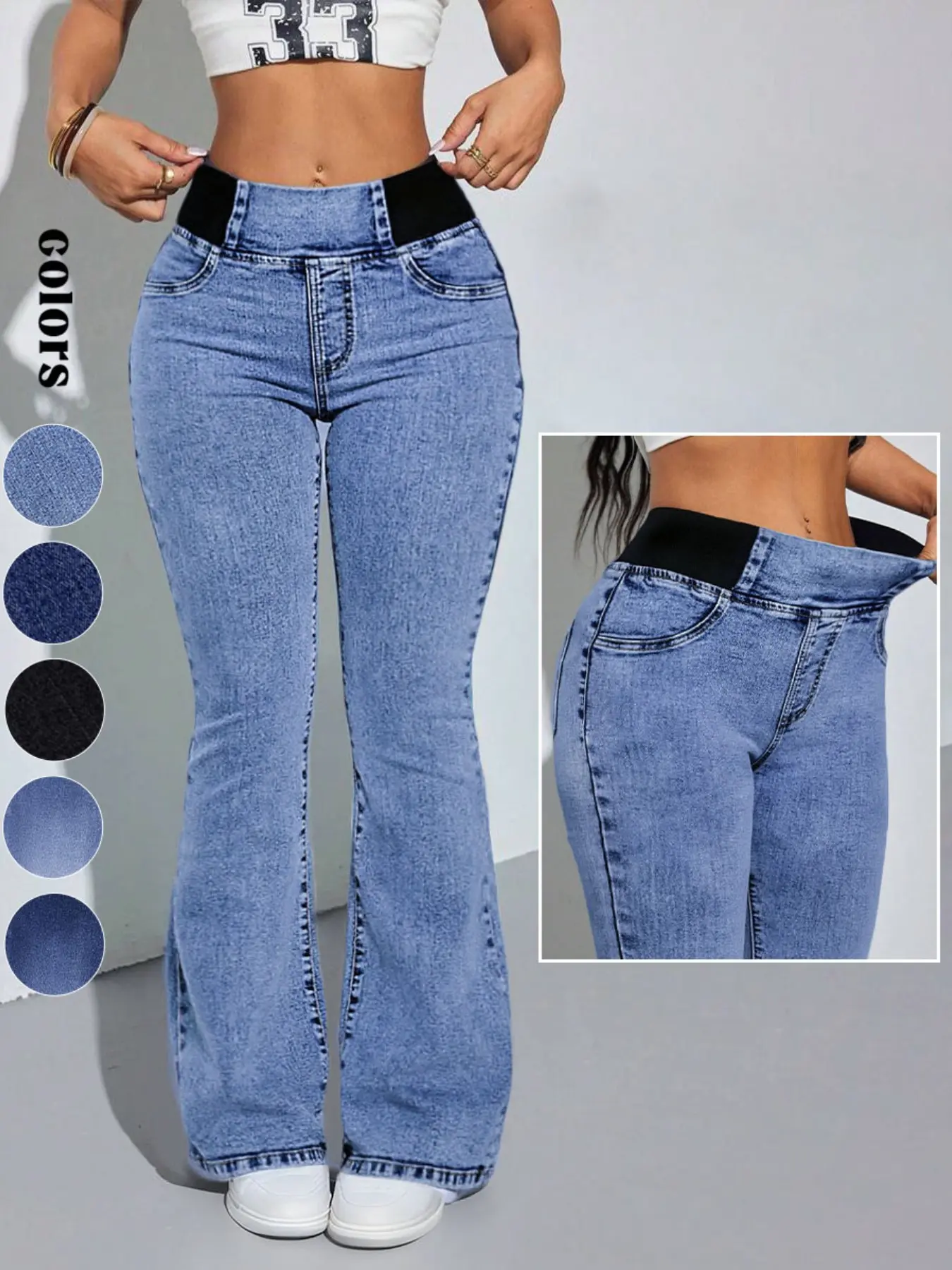 2026 Women's Back Shirred Jeans, Mid - Rise Elasticity Waist Flared Jeans, With Pockets