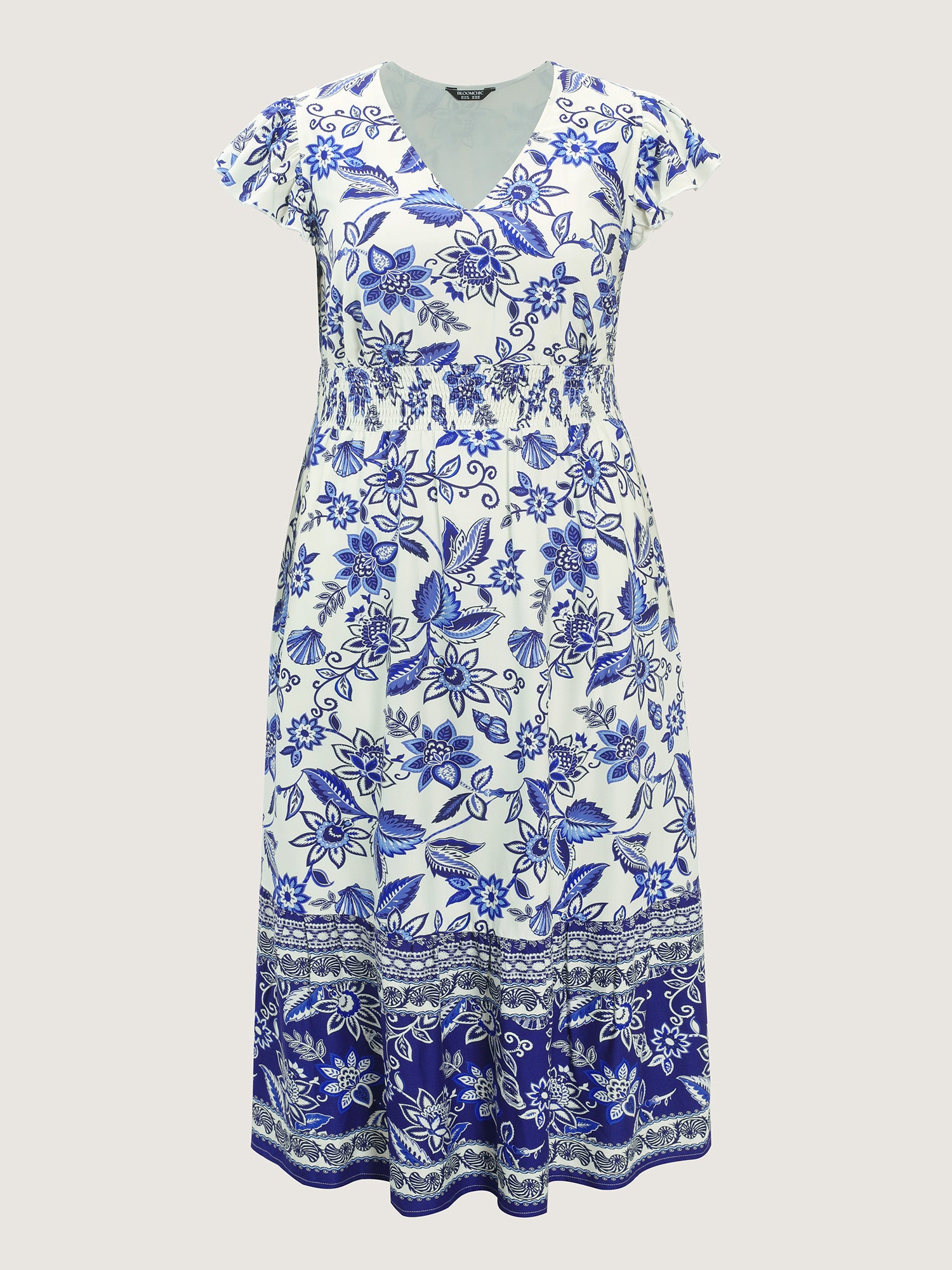 Floral Print Ruffled Sleeve Embroidered Midi Dress