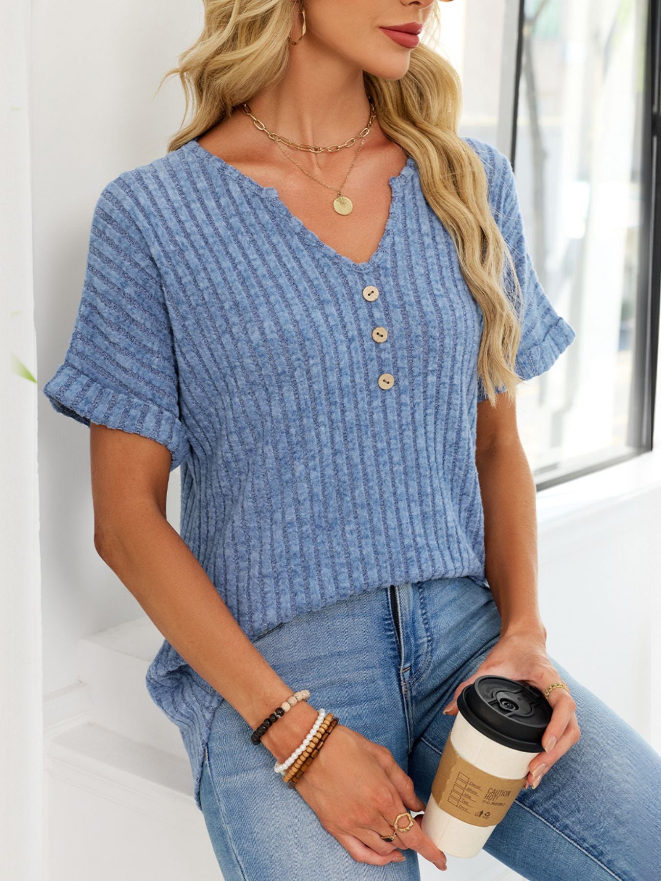 Ribbed Knit Short Sleeve T-Shirt