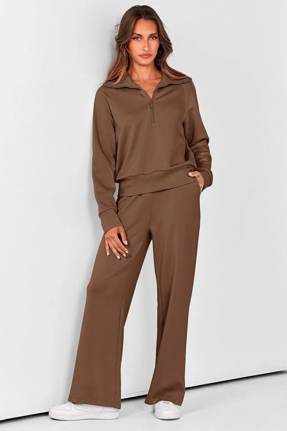 🔥Final Day Clearance!🛒Women's 2 Piece Outfits Casual Lapel Half Zip Sweatshirts And Wide Leg Pants Tracksuit Sets