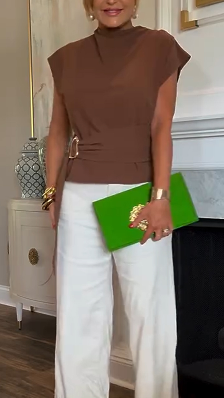 Women Round Neck Waistband Strap Metal Buckle Casual Top