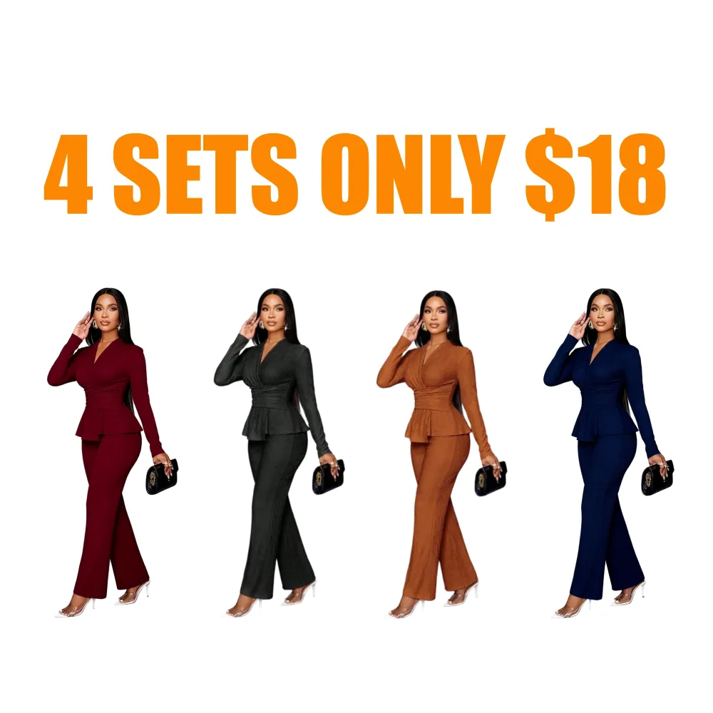 Elegant V-Neck Long Sleeve Top & Wide Leg Pants Set