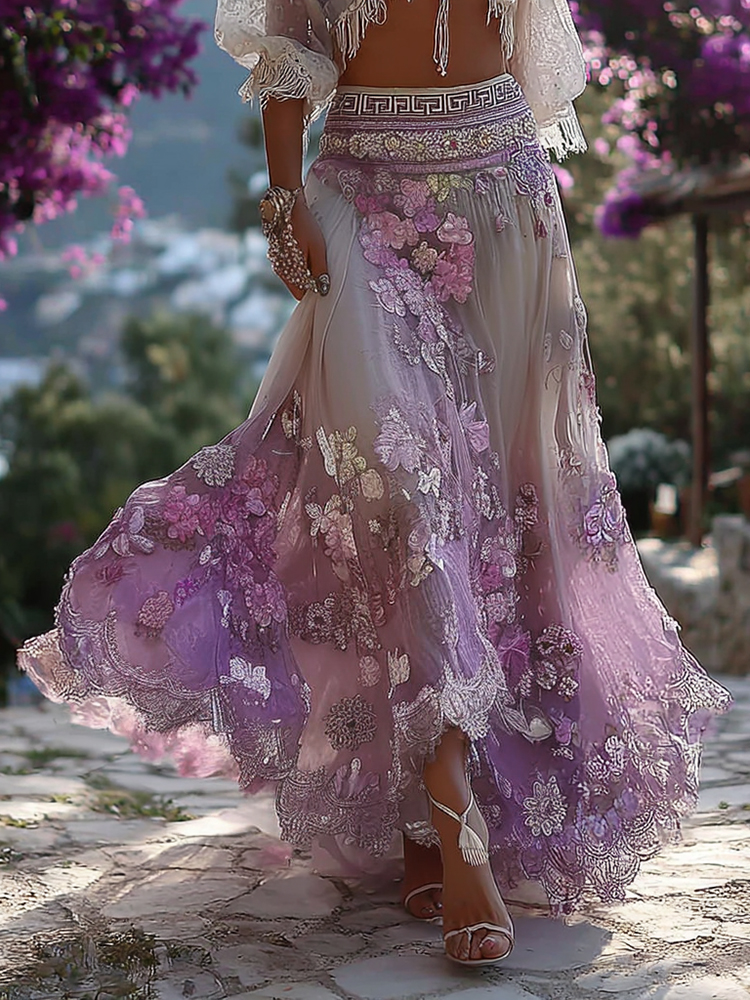 Women's Vintage  Vacation Greek Key With Floral Art Linen Blend Casual Skirt